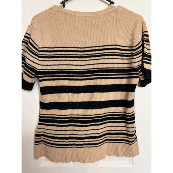 y2k V-neck Tan Black Striped Short Sleeve Sweater Womens M | 90s Office Merona - Picture 4 of 6
